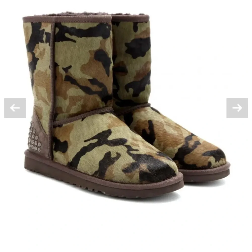 UGG ROWLAND CAMO CALF HAIR LEATHER SHEEPSKIN STUDDED BOOTS WOMEN SIZE 8 RARE HTF